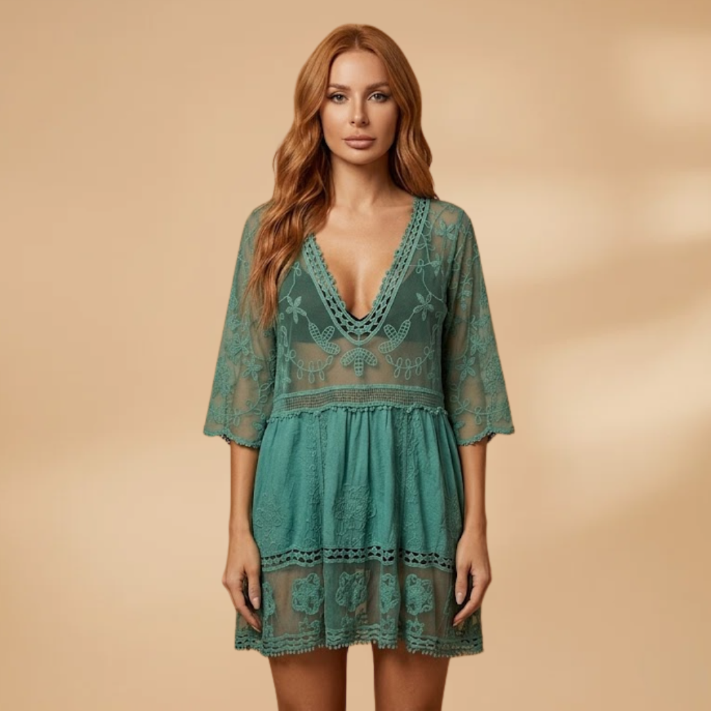 Midi Dress Beach Cover-Up Dress with Lace Detailing and Loose Fit for Women