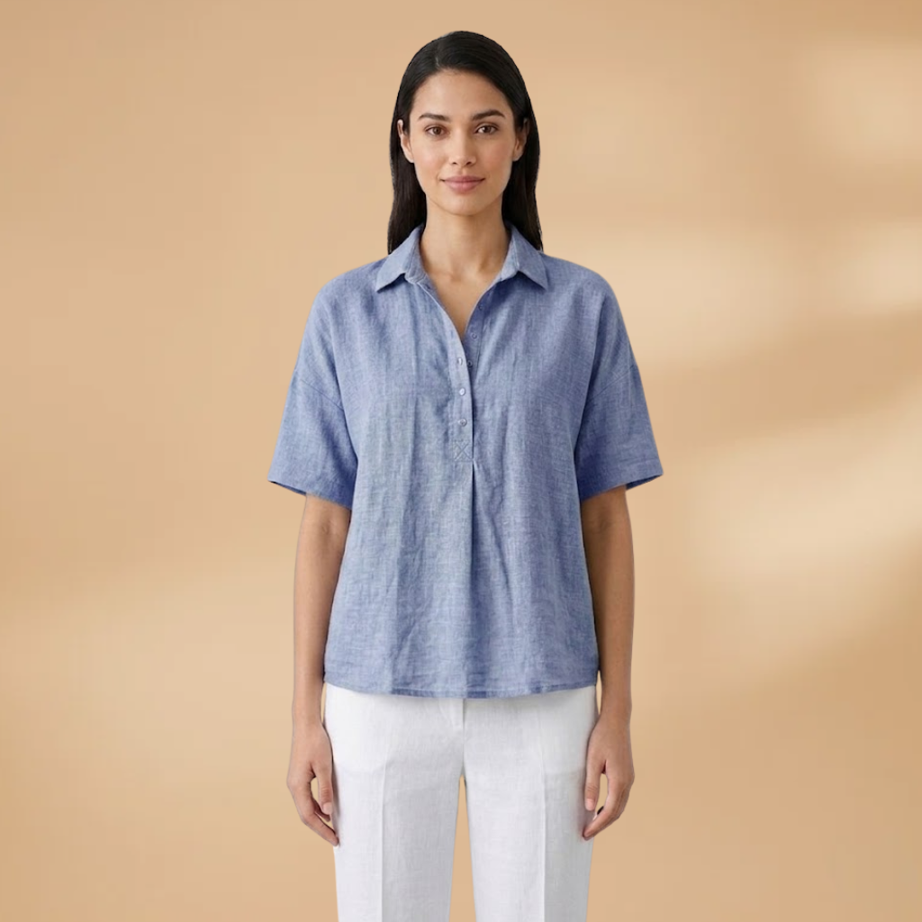 Linen-Style Blouse with Collar and Button Placket for Women
