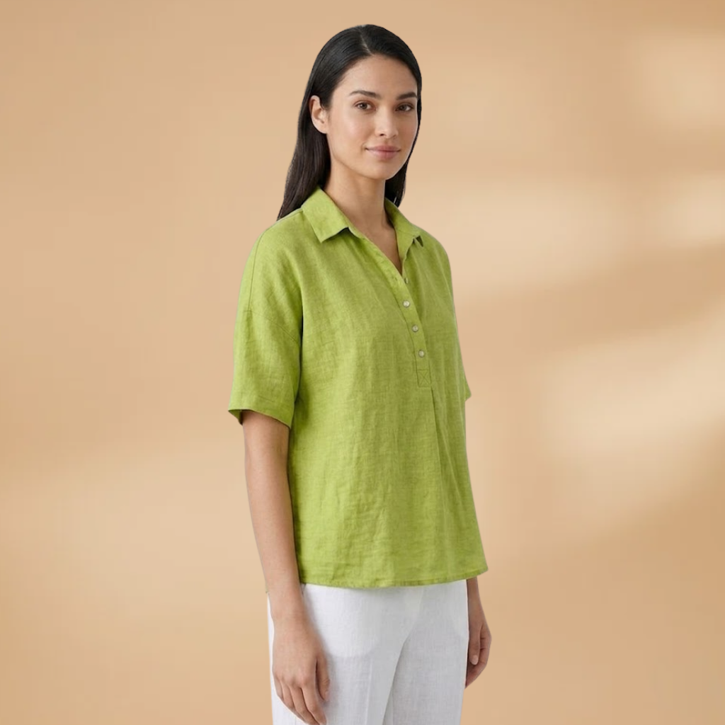Linen-Style Blouse with Collar and Button Placket for Women