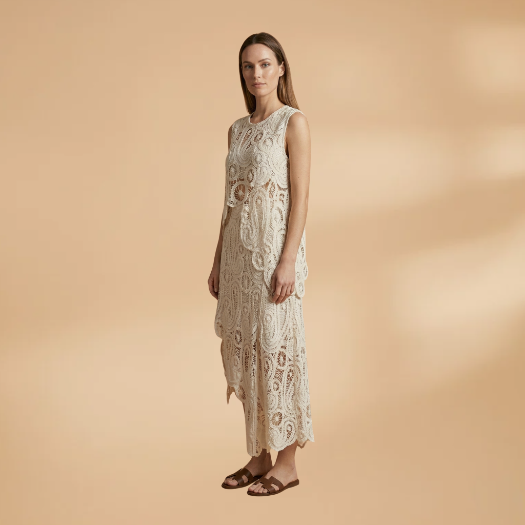 Crochet Sleeveless Tank and Skirt Set with Side Slits and Boat Neck for Women