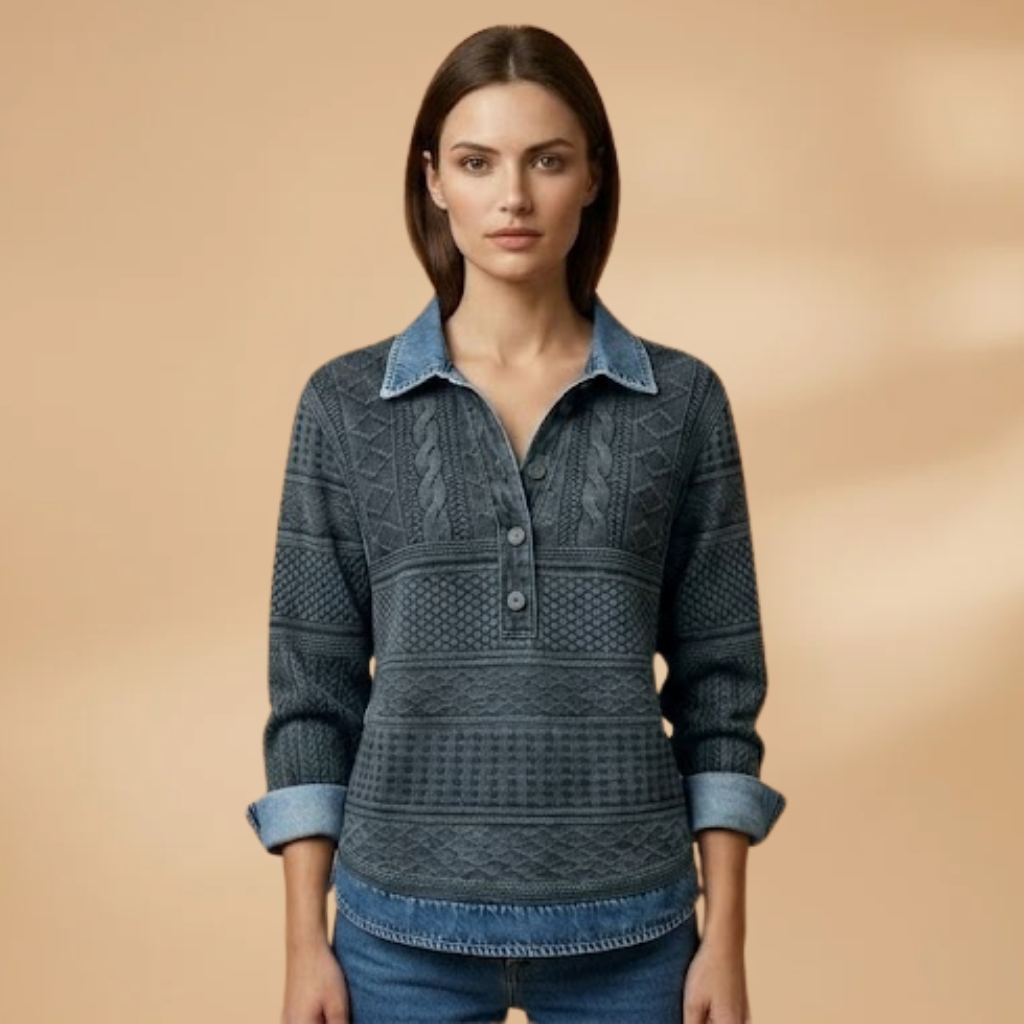 Sweatshirt with Lapel Collar and Braided Texture for Women