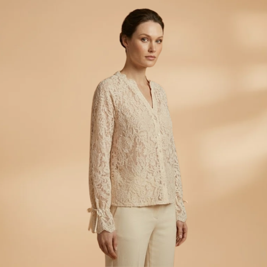 Floral Embroidered V-Neck Blouse with Bell Sleeves and Lightweight Fabric for Women
