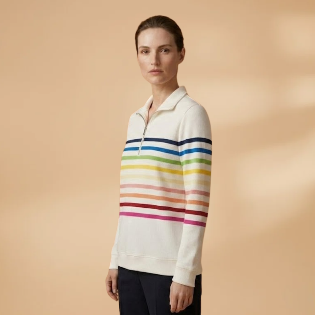 Cotton-Blend Sweatshirt with Half-Zip and Vibrant Stripes for Women