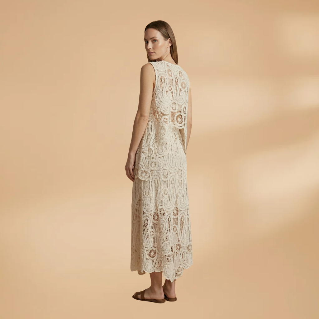 Crochet Sleeveless Tank and Skirt Set with Side Slits and Boat Neck for Women