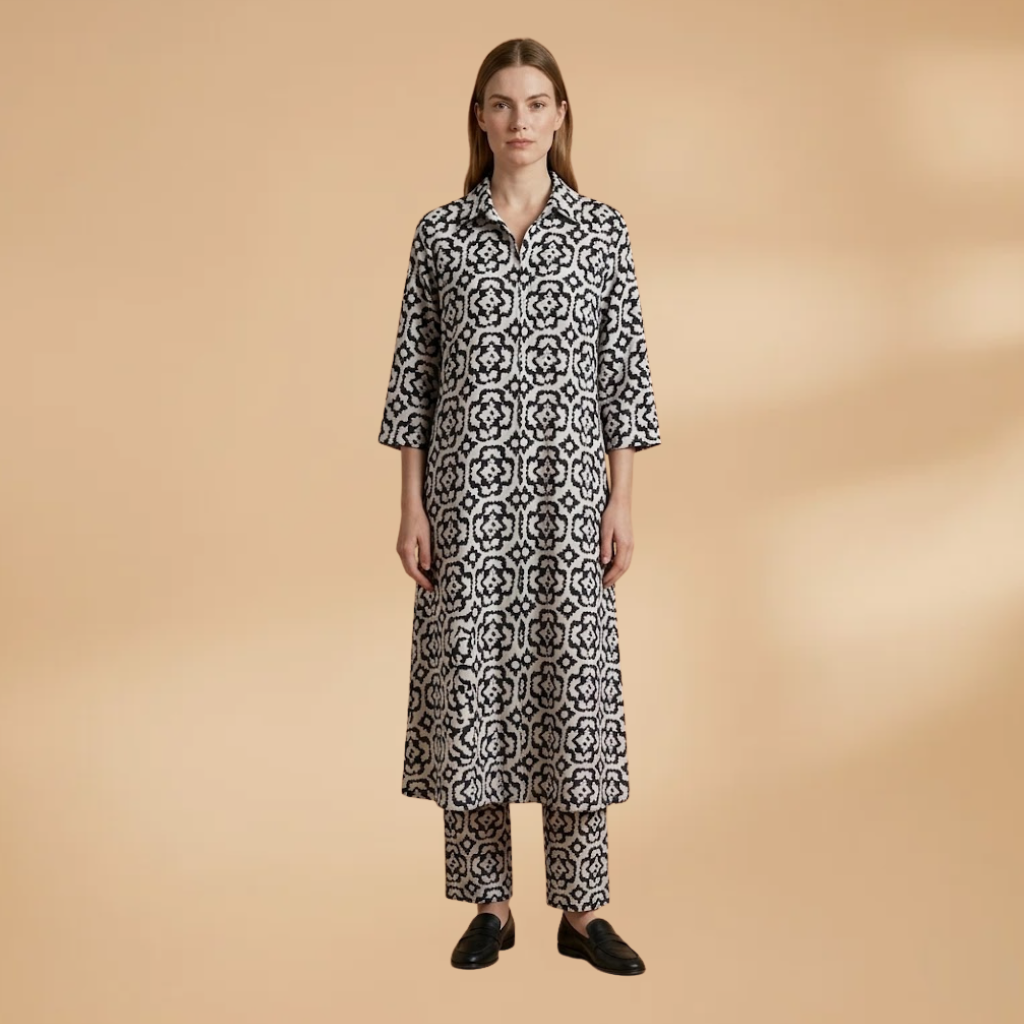 Two-Piece Set with Geometric Pattern and Relaxed Fit for Women