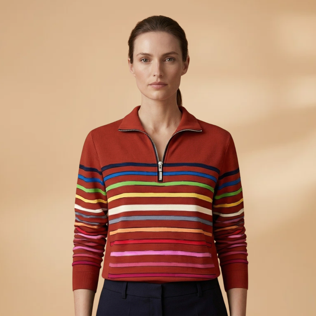 Cotton-Blend Sweatshirt with Half-Zip and Vibrant Stripes for Women