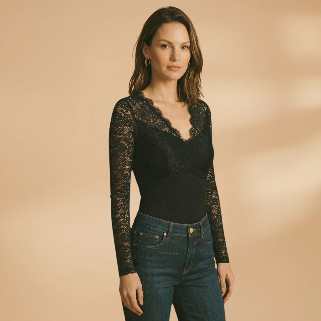 Lace Bodysuit with Deep V-Neck and Fitted Design for Women