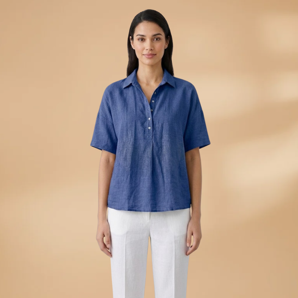 Linen-Style Blouse with Collar and Button Placket for Women