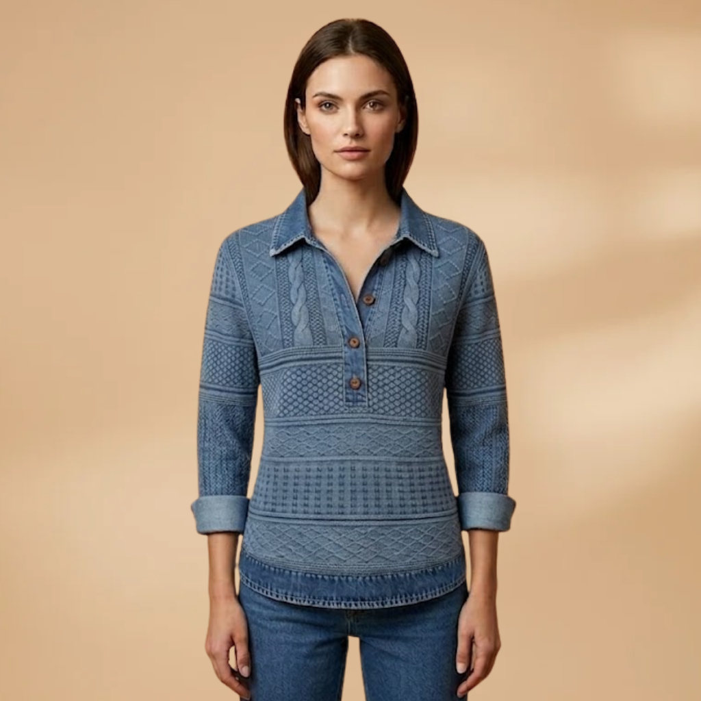 Sweatshirt with Lapel Collar and Braided Texture for Women