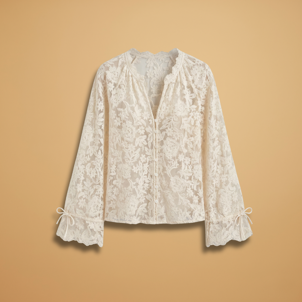 Floral Embroidered V-Neck Blouse with Bell Sleeves and Lightweight Fabric for Women