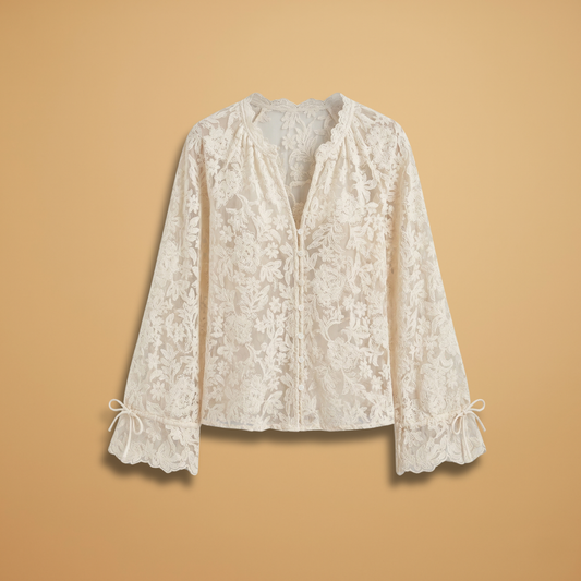 Floral Embroidered V-Neck Blouse with Bell Sleeves and Lightweight Fabric for Women