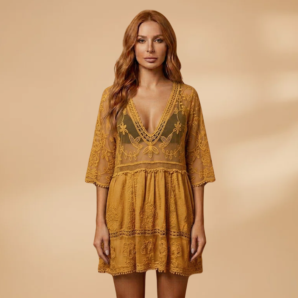 Midi Dress Beach Cover-Up Dress with Lace Detailing and Loose Fit for Women