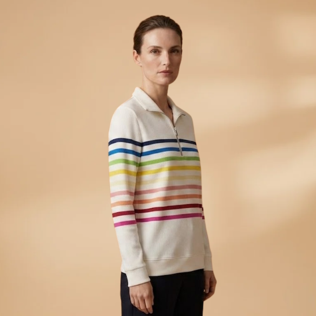 Cotton-Blend Sweatshirt with Half-Zip and Vibrant Stripes for Women