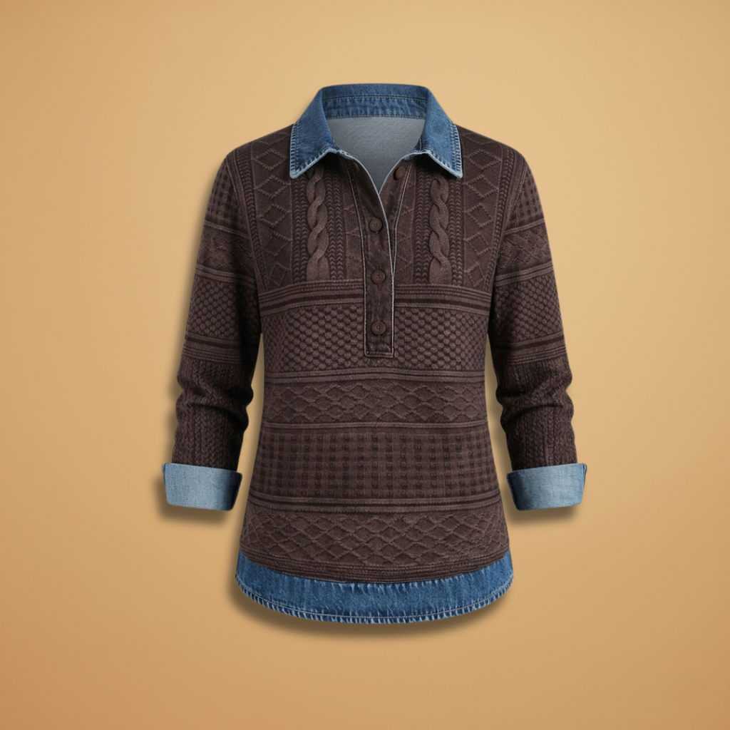 Sweatshirt with Lapel Collar and Braided Texture for Women