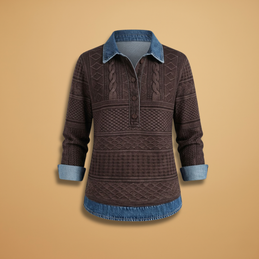 Sweatshirt with Lapel Collar and Braided Texture for Women