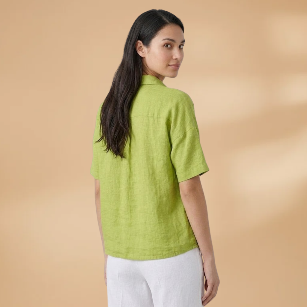 Linen-Style Blouse with Collar and Button Placket for Women