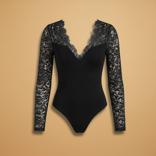 Lace Bodysuit with Deep V-Neck and Fitted Design for Women