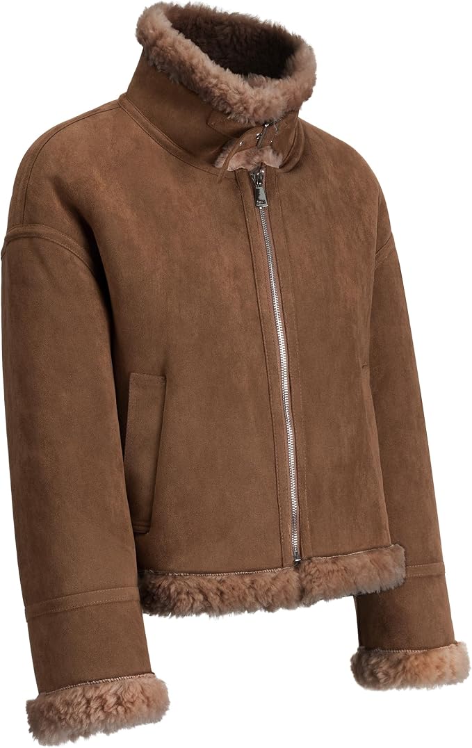 Women's Faux Shearling Aviator Jacket – Soft Faux Suede Zip-Up Winter Coat with Buckle Collar