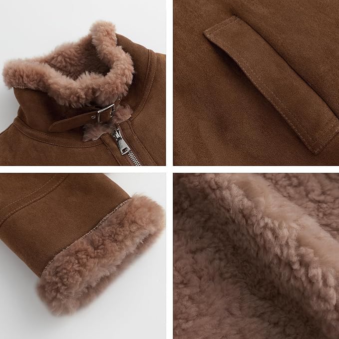 Women's Faux Shearling Aviator Jacket – Soft Faux Suede Zip-Up Winter Coat with Buckle Collar