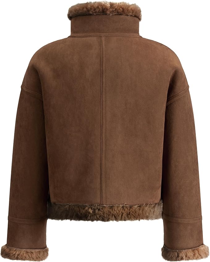 Women's Faux Shearling Aviator Jacket – Soft Faux Suede Zip-Up Winter Coat with Buckle Collar