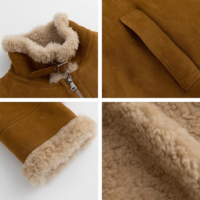 Women's Faux Shearling Aviator Jacket – Soft Faux Suede Zip-Up Winter Coat with Buckle Collar