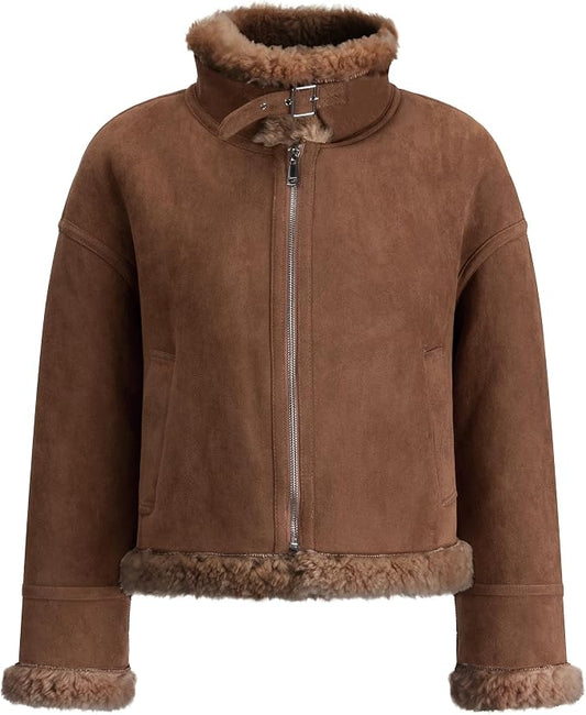 Women's Faux Shearling Aviator Jacket – Soft Faux Suede Zip-Up Winter Coat with Buckle Collar