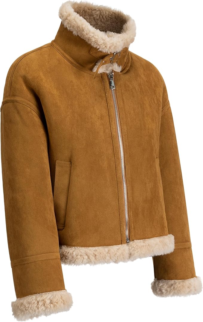 Women's Faux Shearling Aviator Jacket – Soft Faux Suede Zip-Up Winter Coat with Buckle Collar
