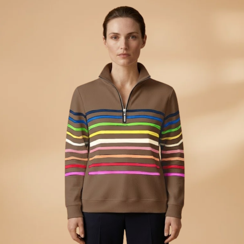 Cotton-Blend Sweatshirt with Half-Zip and Vibrant Stripes for Women