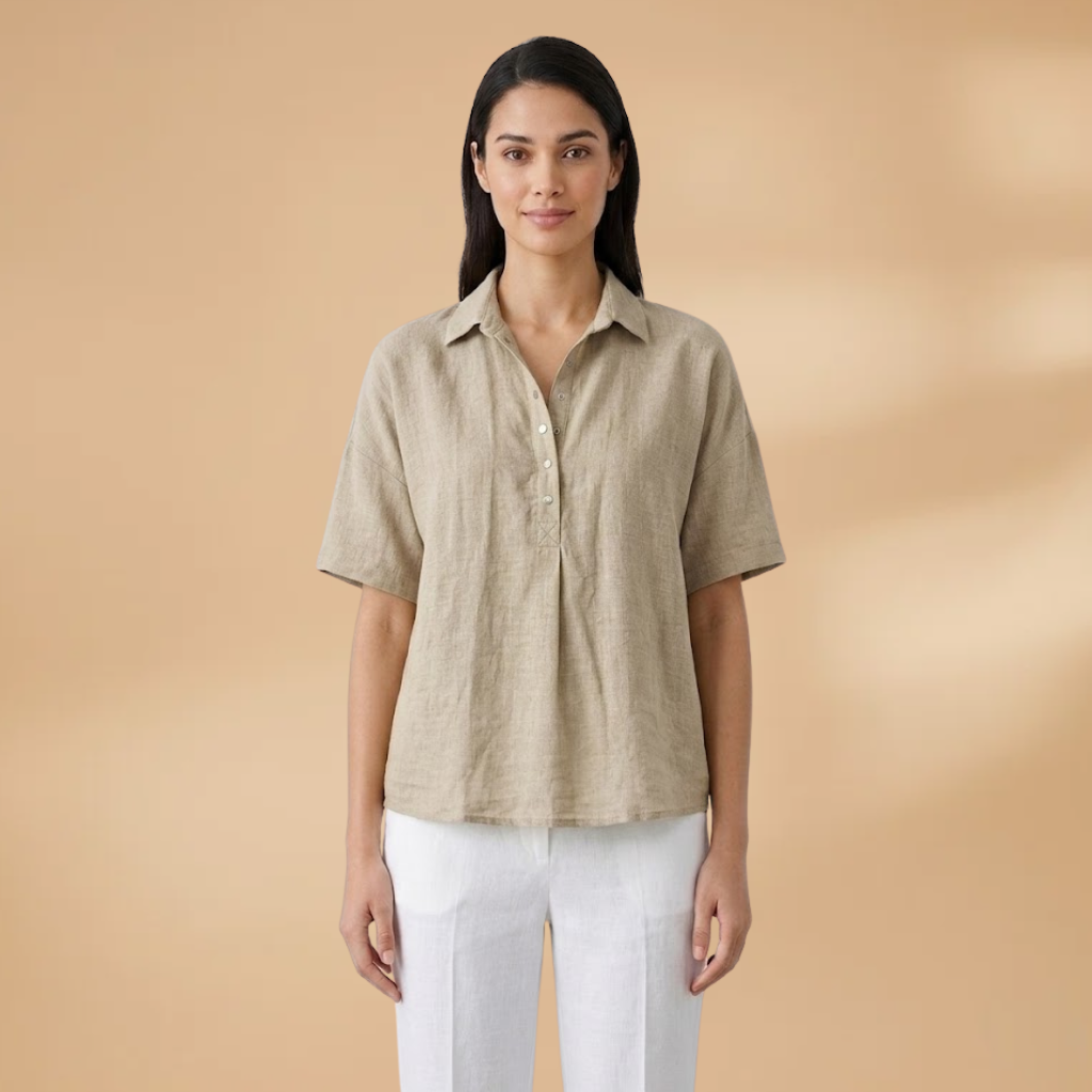 Linen-Style Blouse with Collar and Button Placket for Women