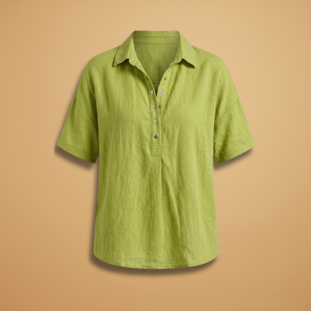 Linen-Style Blouse with Collar and Button Placket for Women