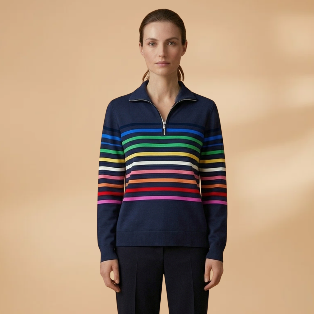 Cotton-Blend Sweatshirt with Half-Zip and Vibrant Stripes for Women