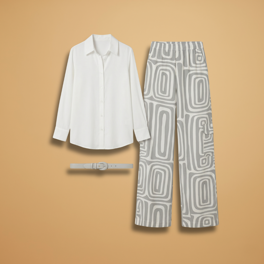 Two-Piece Set with Geometric Print and Belt for Women