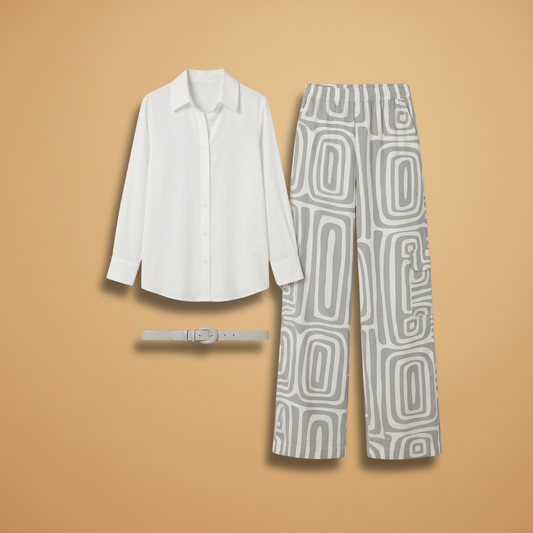 Two-Piece Set with Geometric Print and Belt for Women
