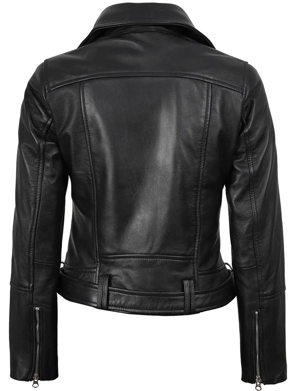Women's Black Leather Biker Style Jacket with Asymmetrical Zip