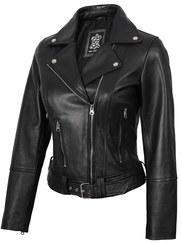 Women's Black Leather Biker Style Jacket with Asymmetrical Zip