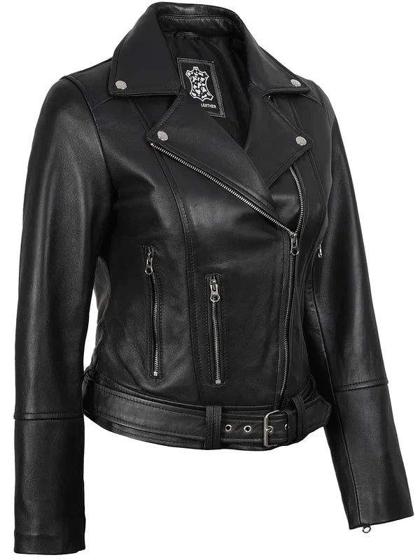 Women's Black Leather Biker Style Jacket with Asymmetrical Zip