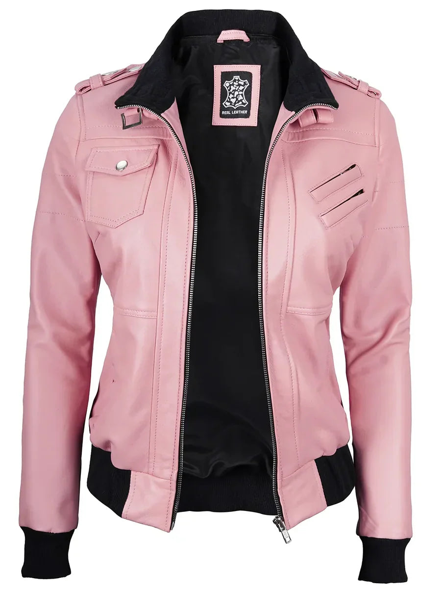 Women's Pink Leather Jacket with Detachable Hood