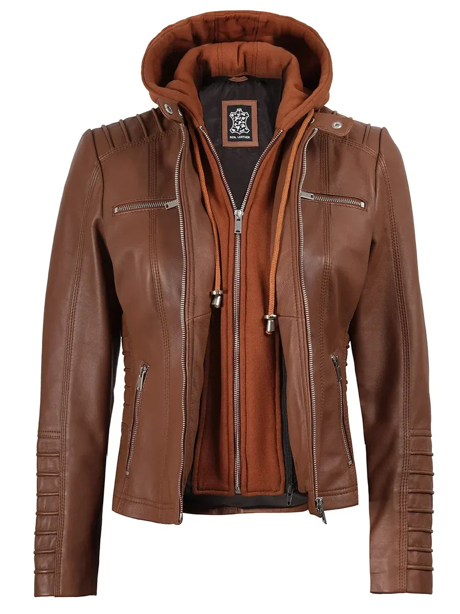Women's Cognac Brown Leather Jacket with Detachable Hood