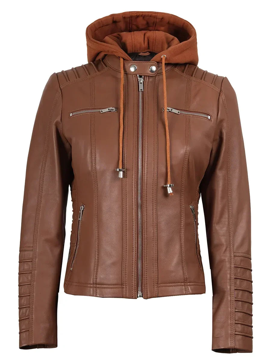 Women's Cognac Brown Leather Jacket with Detachable Hood