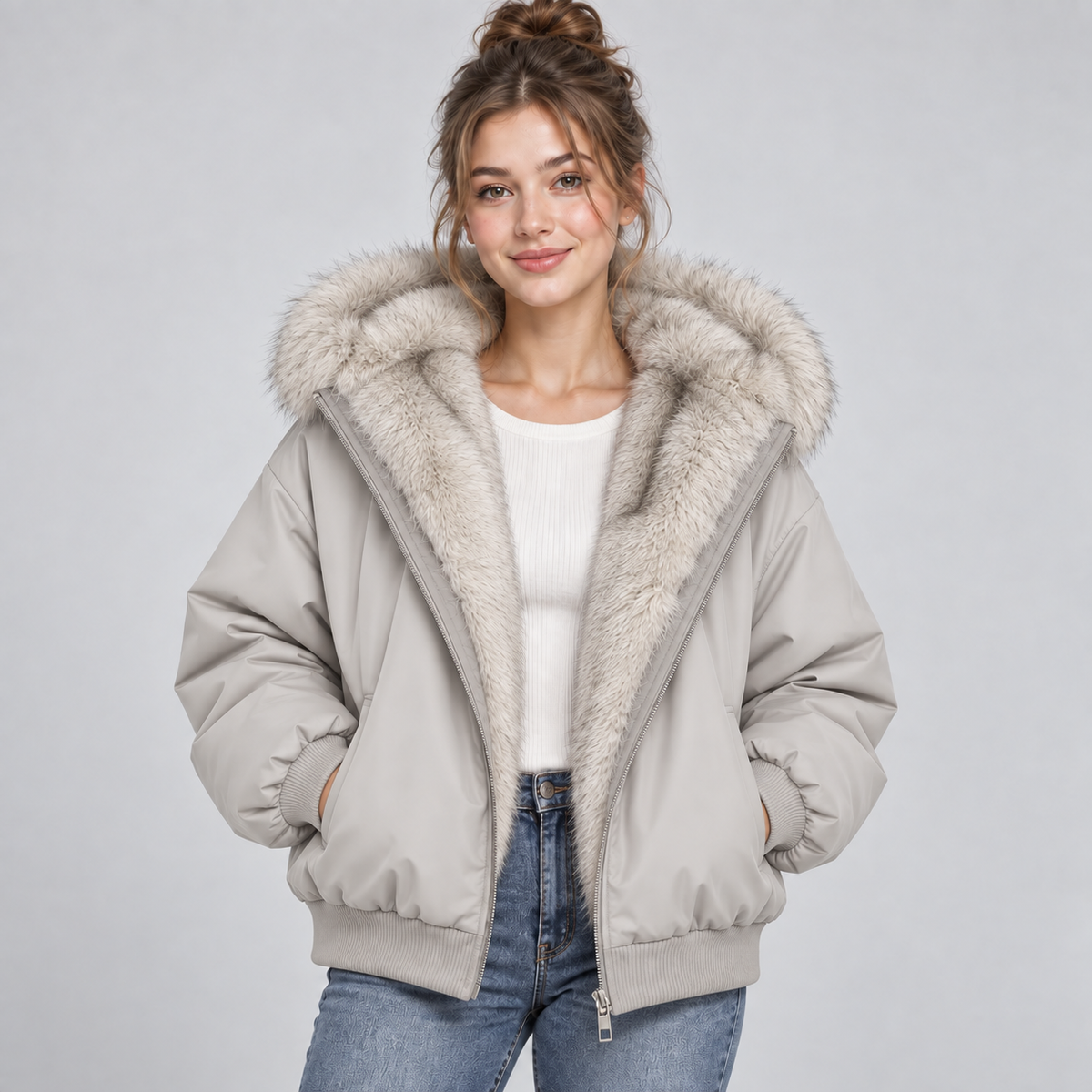 Optew Women's Puffer Jacket – Faux-Fur Trim Hooded