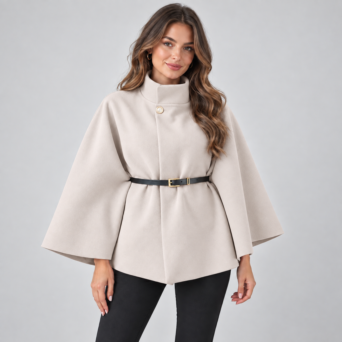 Optew Women's Cape Coat – Belted High-Neck