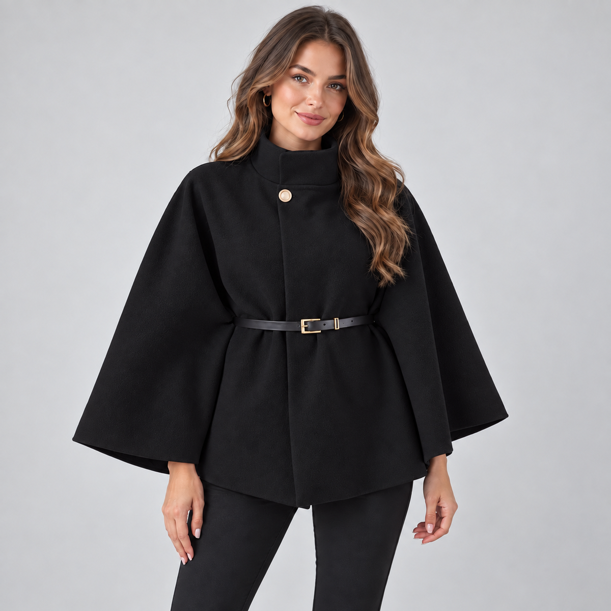 Optew Women's Cape Coat – Belted High-Neck