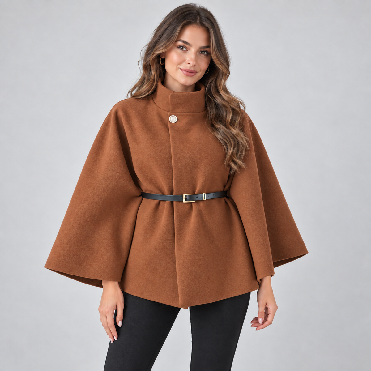 Optew Women's Cape Coat – Belted High-Neck