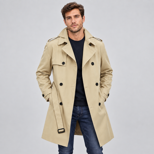 Optew Men's Trench Coat – Double-Breasted Tailored