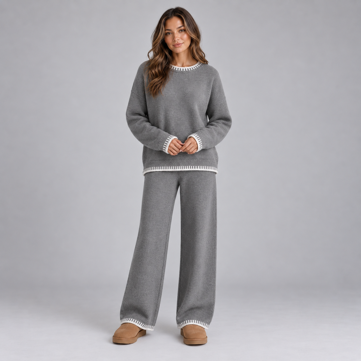 Optew Women's Lounge Set – Knitted Contrast-Trim Wide-Leg