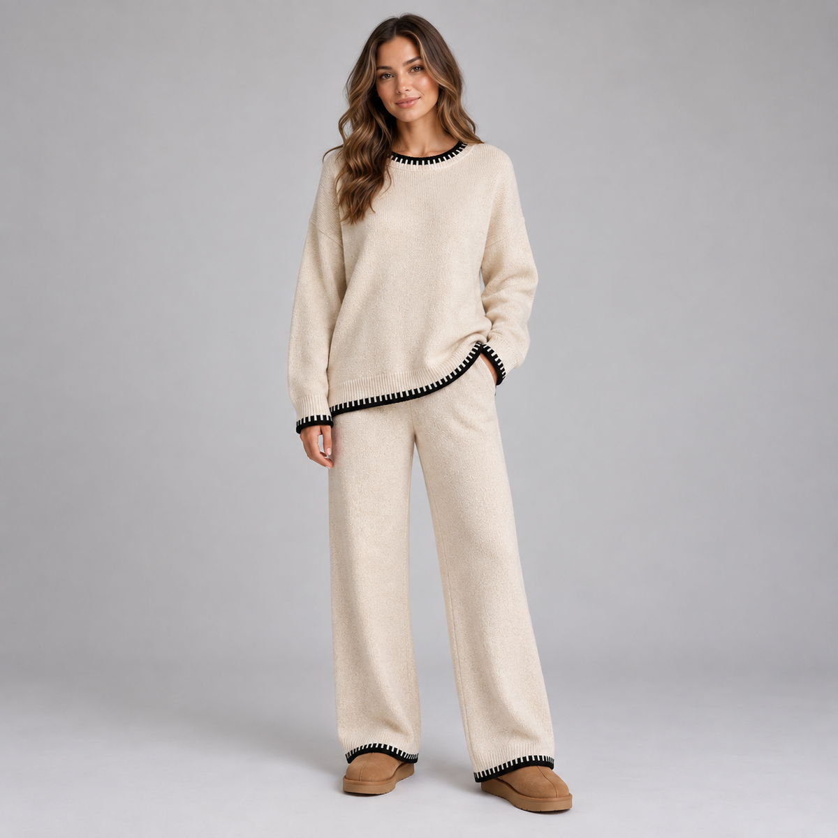 Optew Women's Lounge Set – Knitted Contrast-Trim Wide-Leg