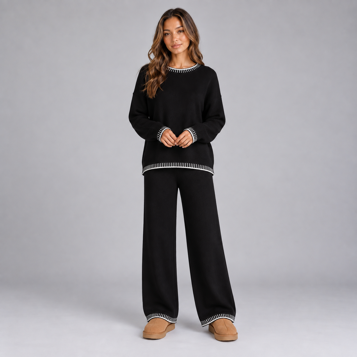 Optew Women's Lounge Set – Knitted Contrast-Trim Wide-Leg