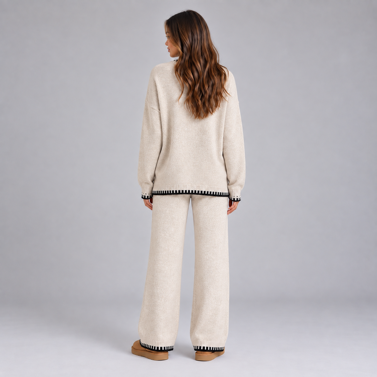 Optew Women's Lounge Set – Knitted Contrast-Trim Wide-Leg