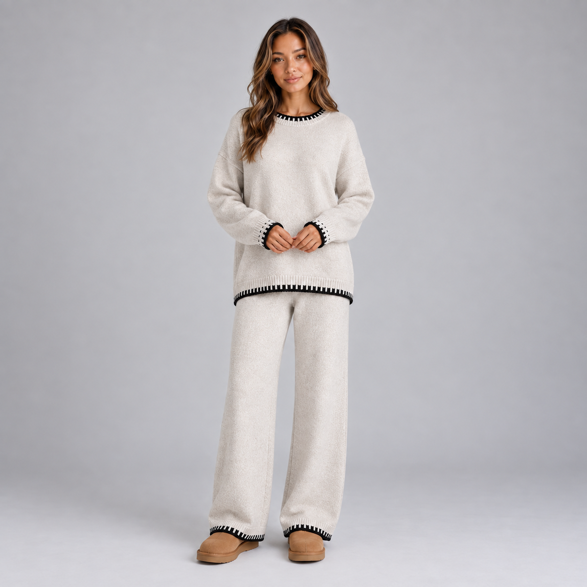 Optew Women's Lounge Set – Knitted Contrast-Trim Wide-Leg