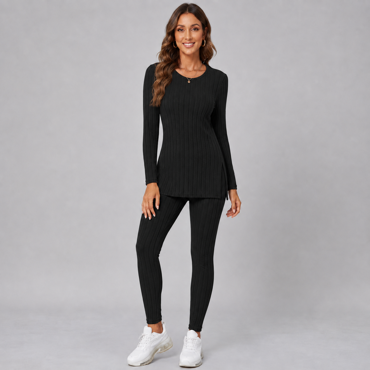Optew Women's Lounge Set – Knitted V-Neck Wide-Leg